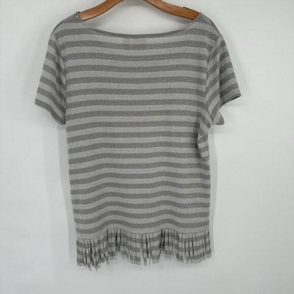 Chicos 2 Womens Size large Gray metallic Striped Short Sleeve Top fringed Hem - Picture 10 of 12